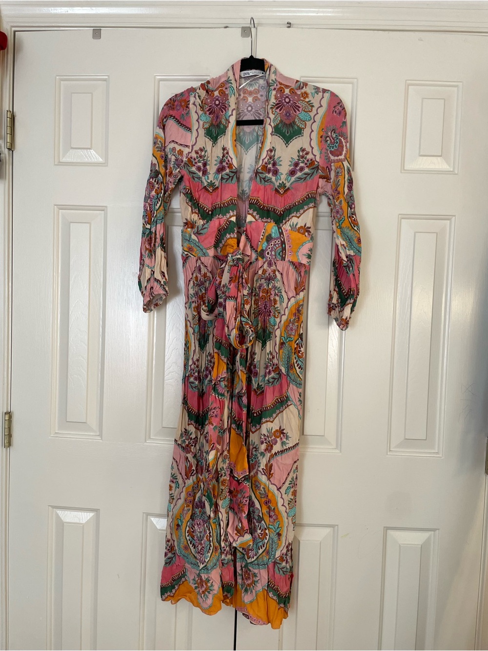 Zara Pink Floral Paisley Maxi Dress with Tie Waist